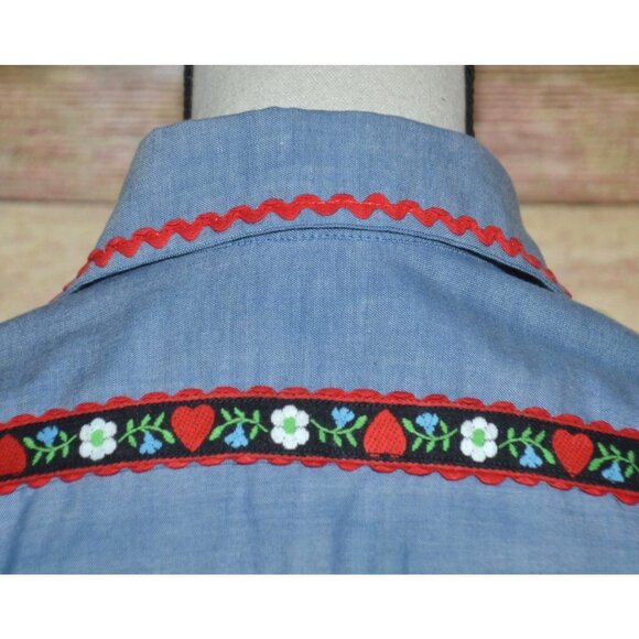Vintage JC Penney Big Mac Blue Chambray Shirt Ladies M 70s Floral Trim Granny - Picture 10 of 12